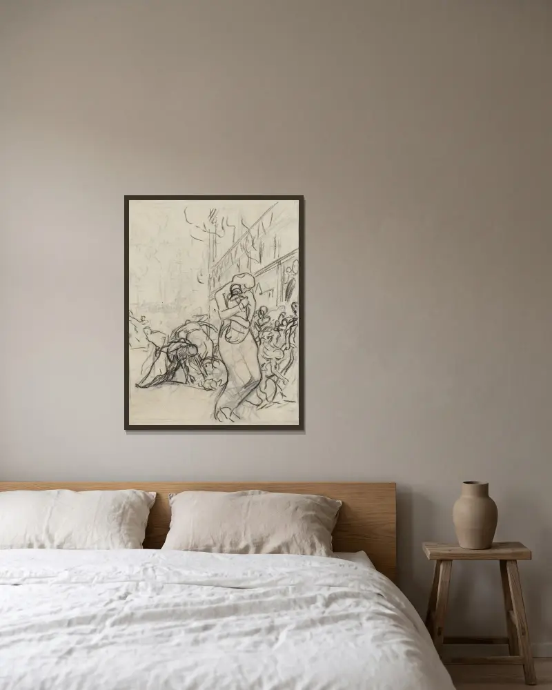 Branden i Louvain av Auguste Louis Lepère inramad på en vägg