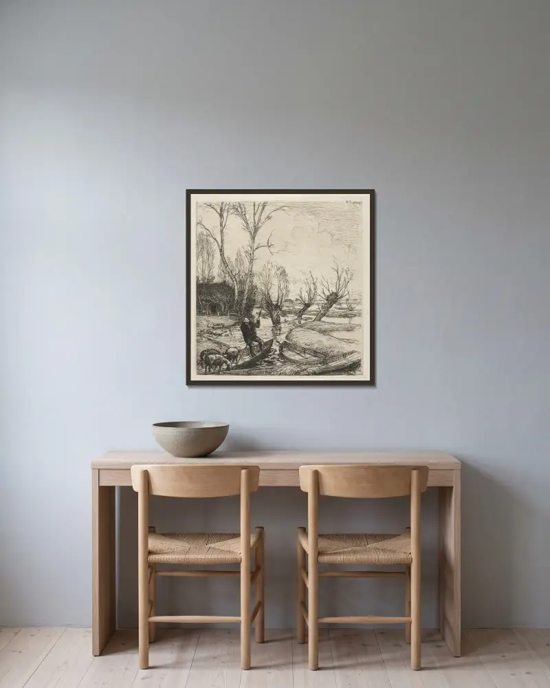 Man i båt med tre får av Auguste Louis Lepère inramad på en vägg