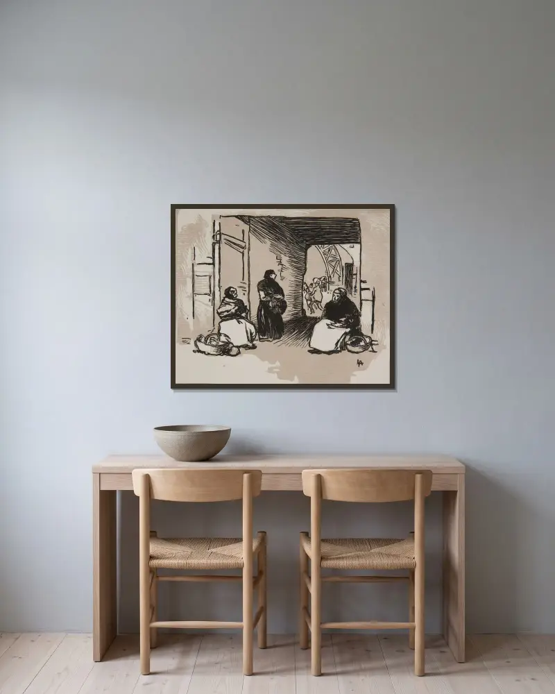 Grönsakshandlare med korg (Rue Montorgueil) av Auguste Louis Lepère inramad på en vägg