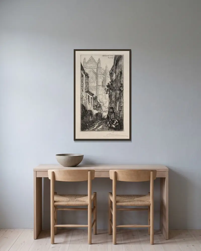 Trång gränd, Beauvais av Auguste Louis Lepère inramad på en vägg