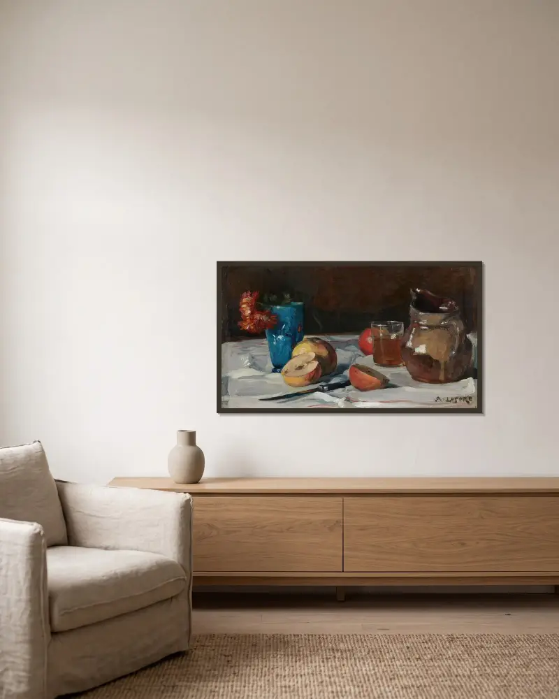 Stilleben med kruka och äpplen av Auguste Louis Lepère inramad på en vägg