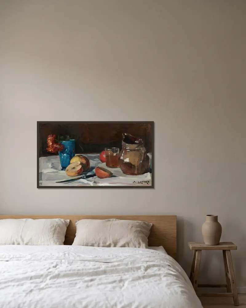 Stilleben med kruka och äpplen av Auguste Louis Lepère inramad på en vägg
