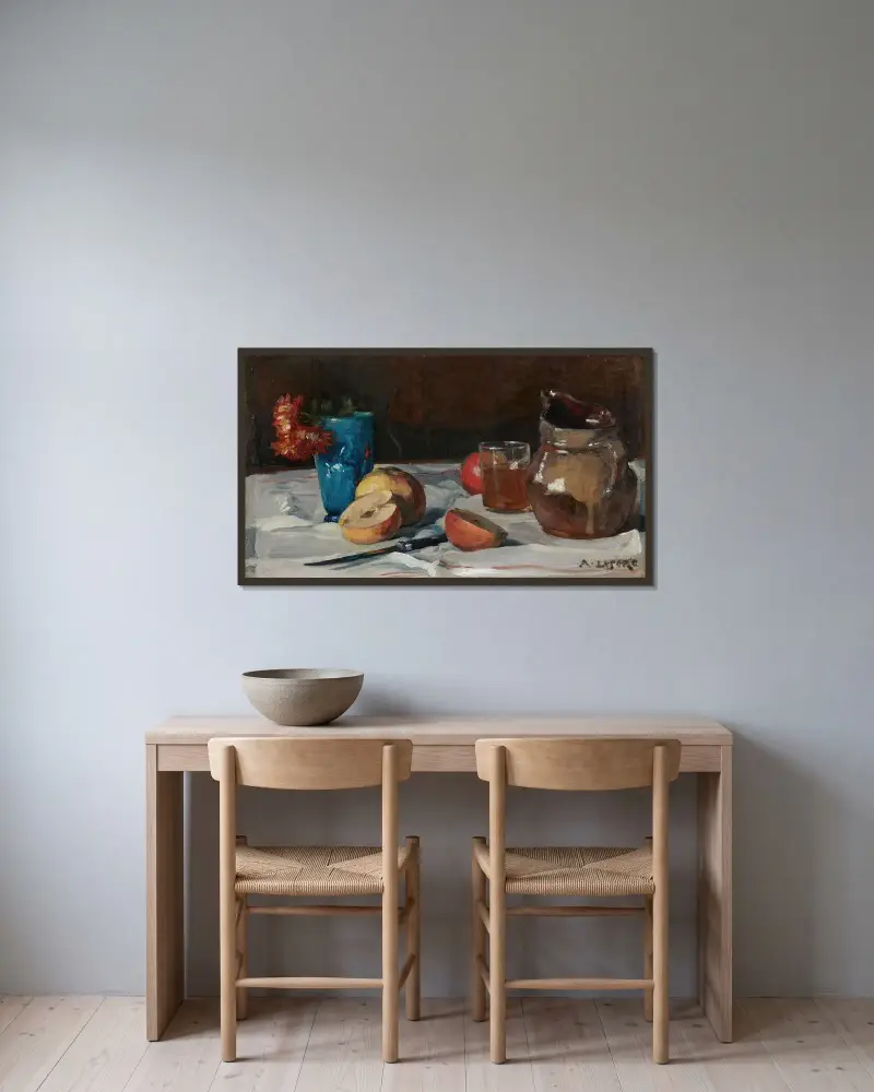 Stilleben med kruka och äpplen av Auguste Louis Lepère inramad på en vägg