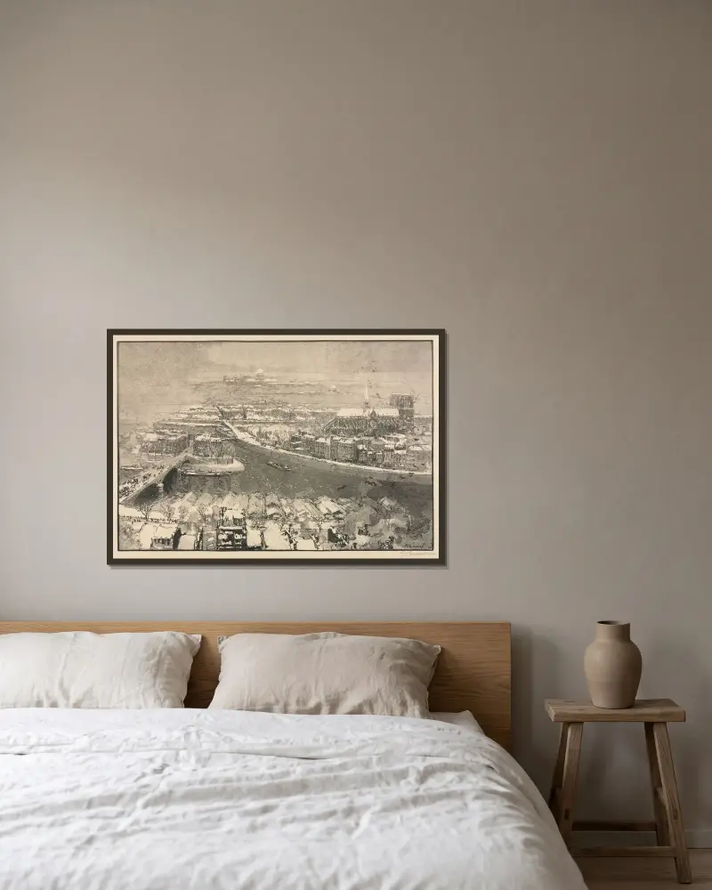 Paris im Schnee von Auguste Louis Lepère gerahmt an einer Wand
