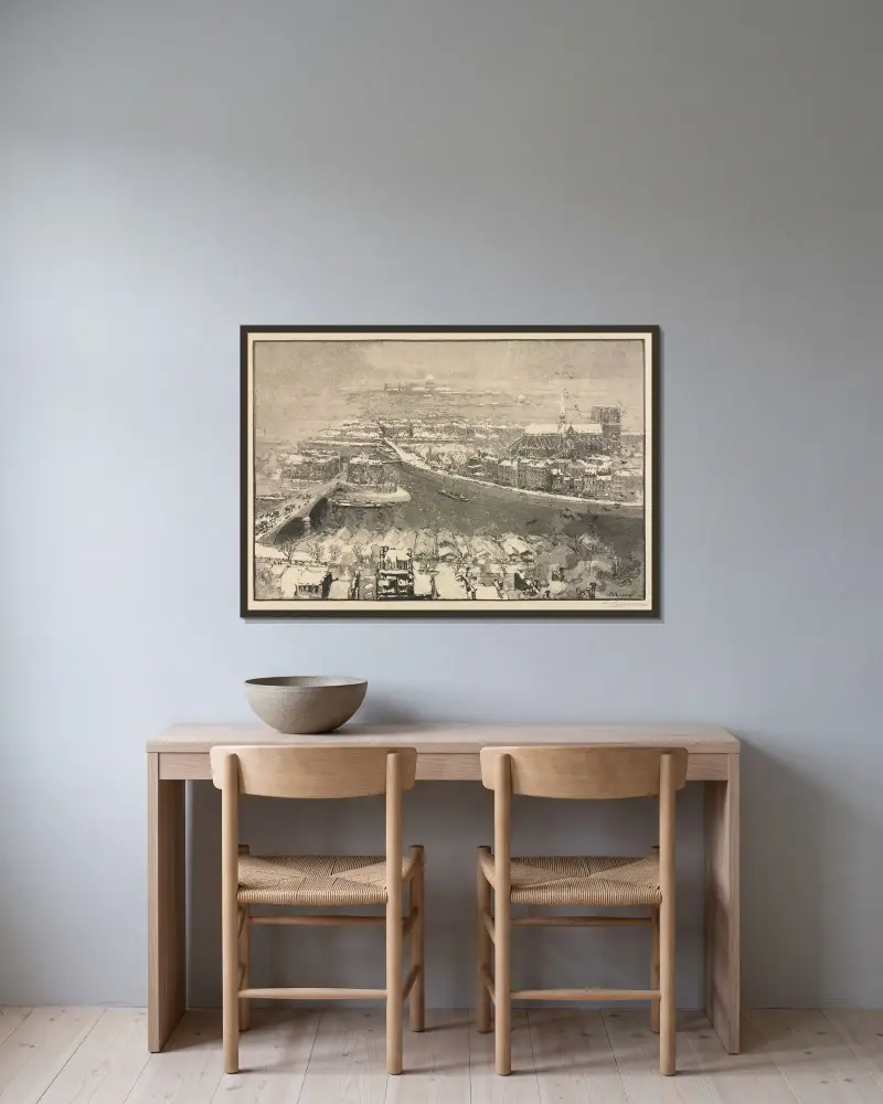 Paris im Schnee von Auguste Louis Lepère gerahmt an einer Wand