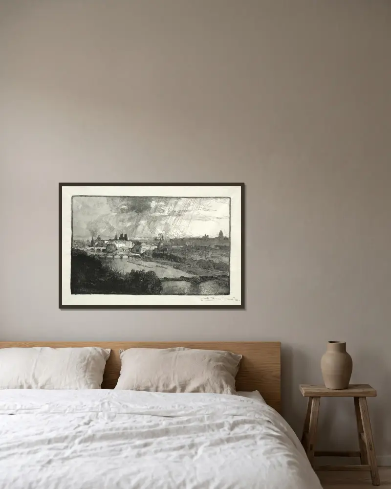 Paris, sett från Pavillon de Flore av Auguste Louis Lepère inramad på en vägg