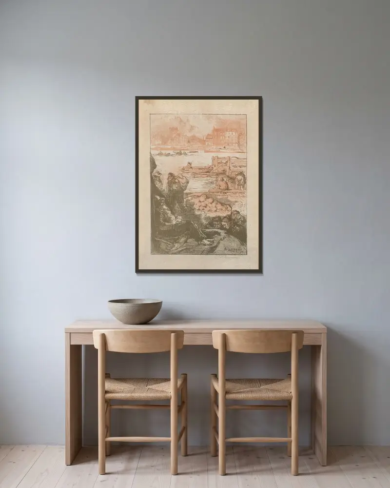 Bönder vid en kaj, Paris av Auguste Louis Lepère inramad på en vägg