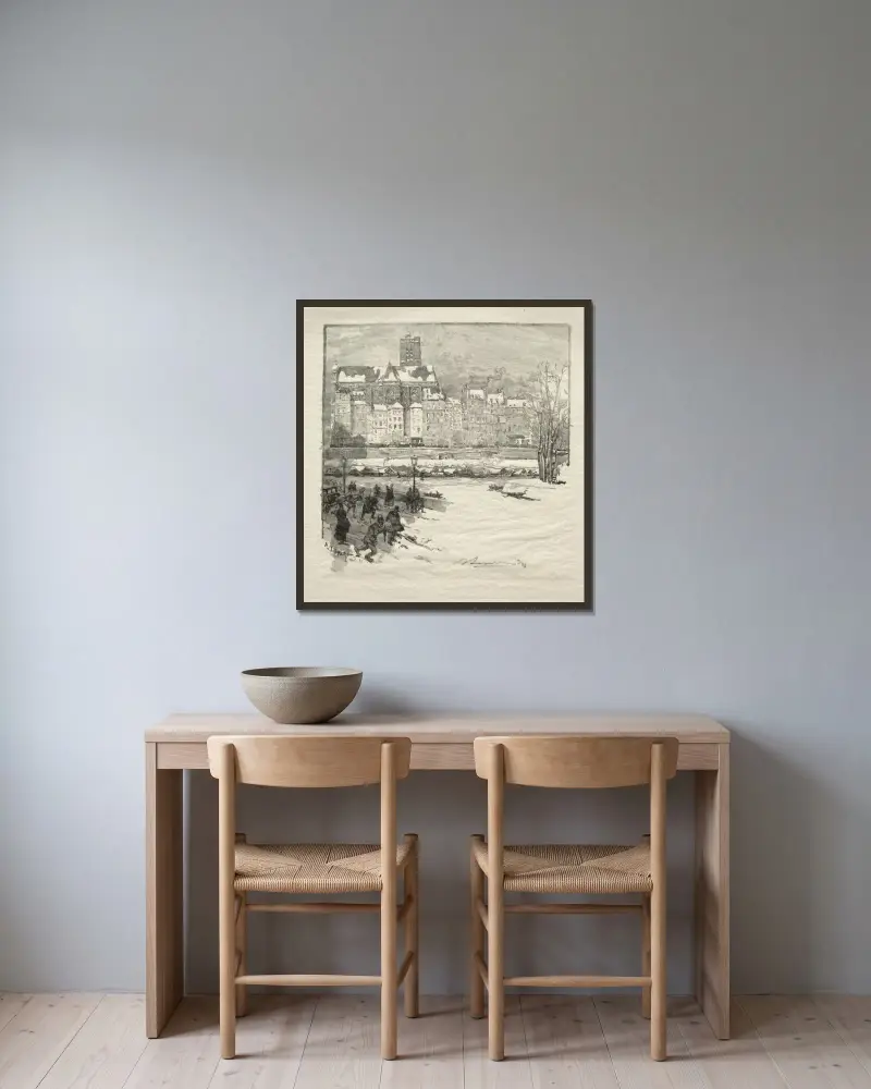 Stadshusets kaj av Auguste Louis Lepère inramad på en vägg