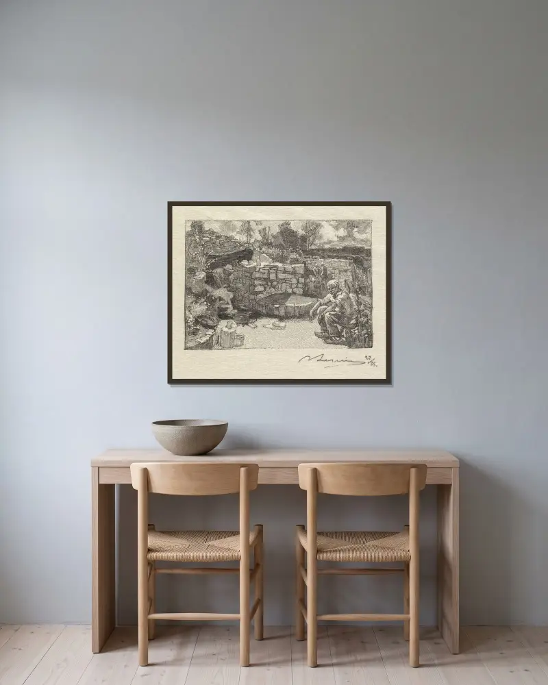 Quarryman’s Lodge av Auguste Louis Lepère inramad på en vägg