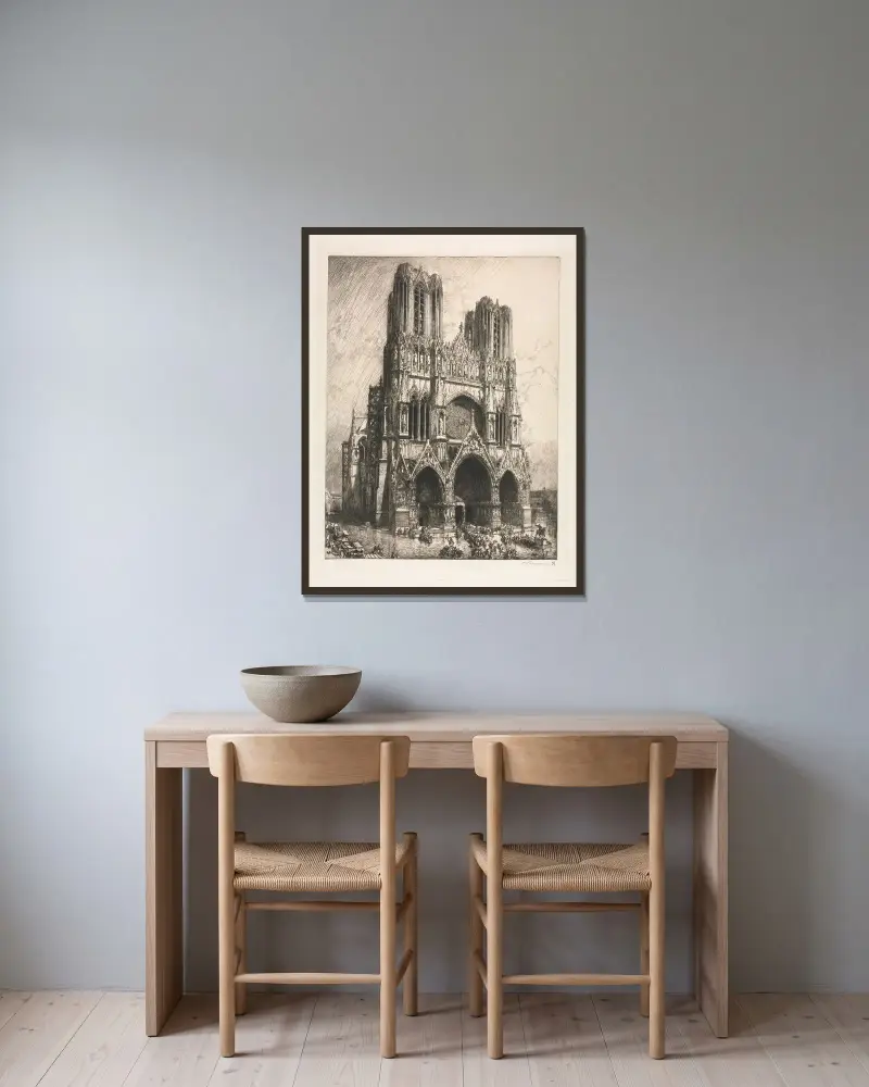 Katedralen i Reims av Auguste Louis Lepère inramad på en vägg