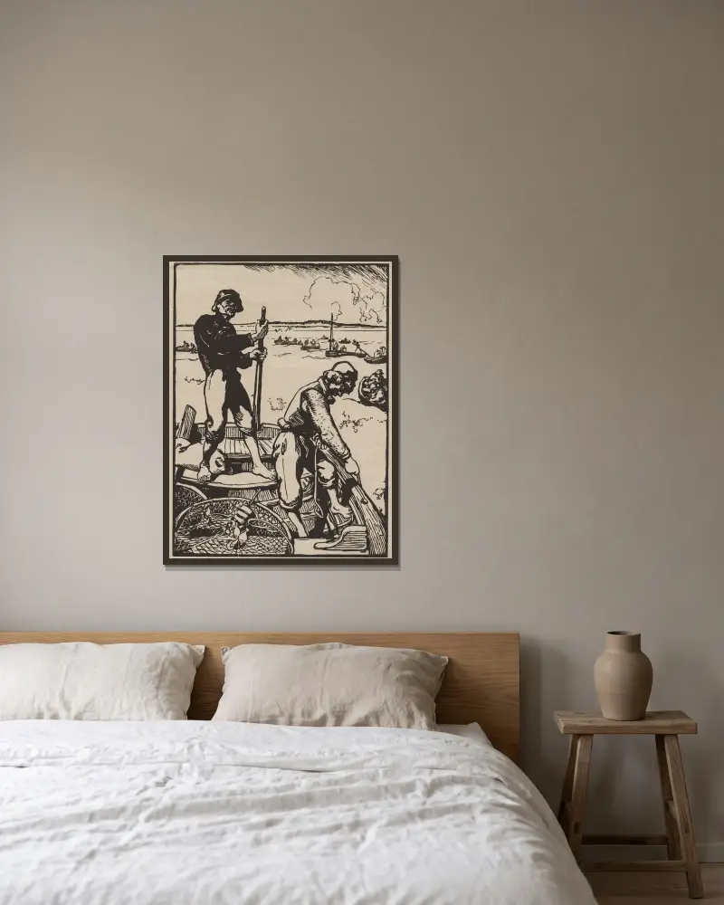 Shrimp Fishermen av Auguste Louis Lepère inramad på en vägg