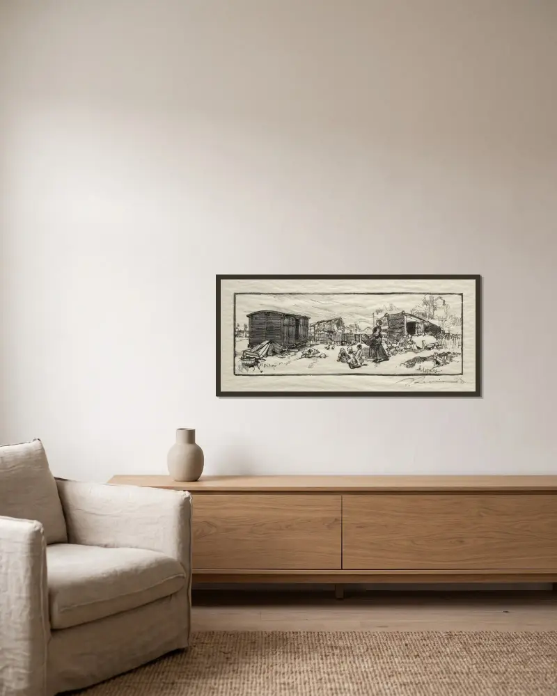 Vagnskjulet (Le wagon-logement) av Auguste Louis Lepère inramad på en vägg