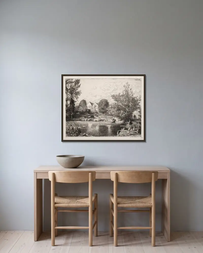 Den gamla gångbron av Auguste Louis Lepère inramad på en vägg