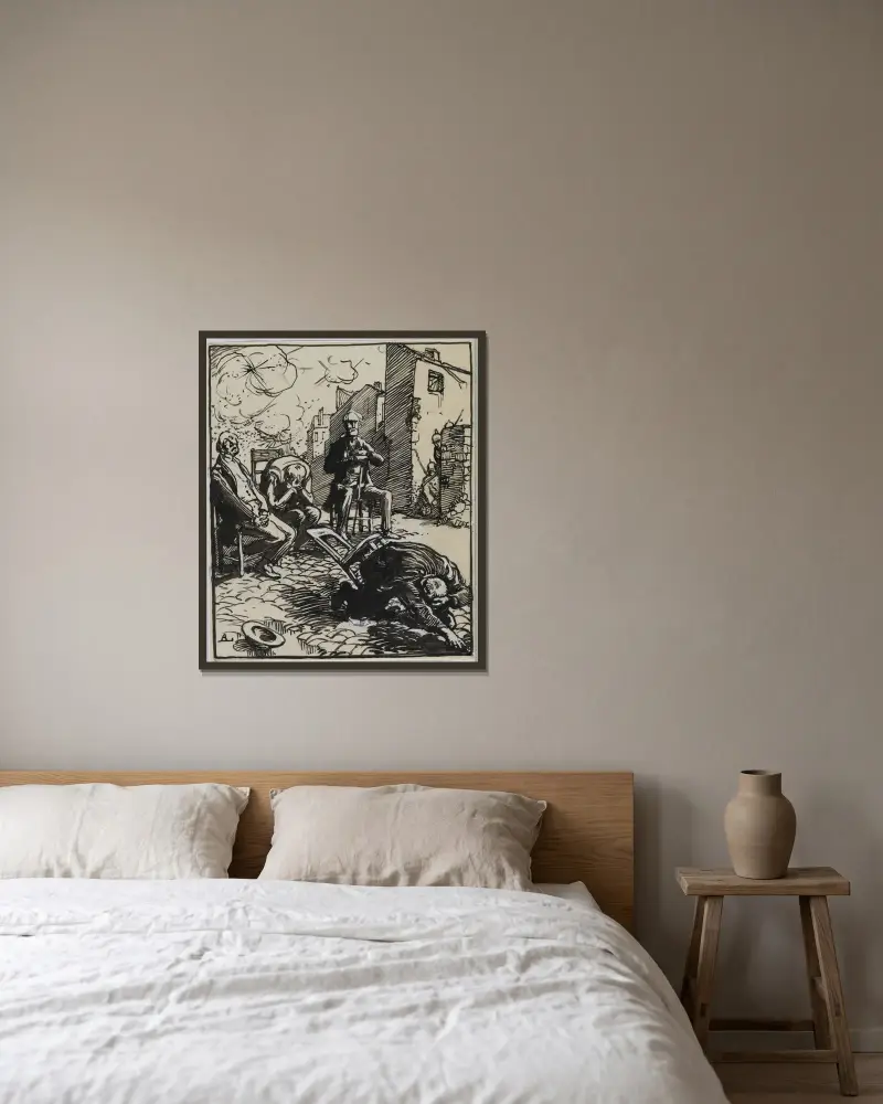 Tre gisslan sittande av Auguste Louis Lepère inramad på en vägg
