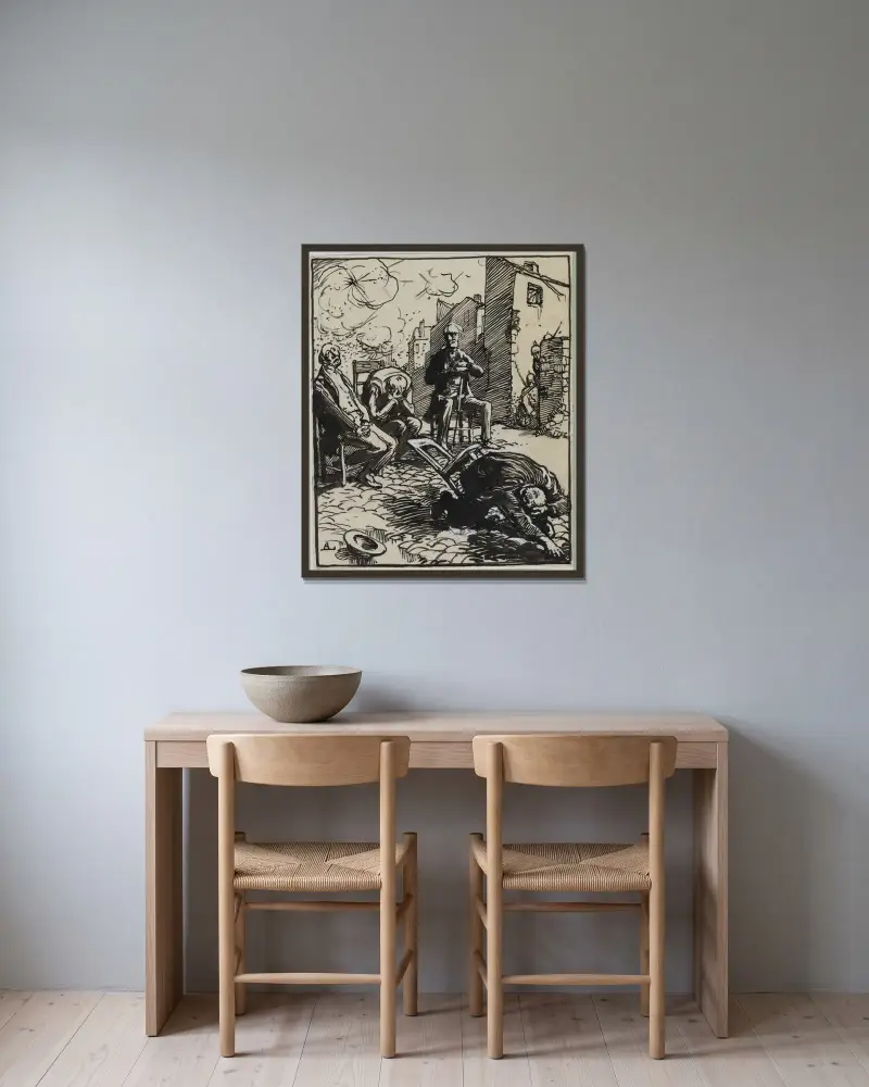 Tre gisslan sittande av Auguste Louis Lepère inramad på en vägg