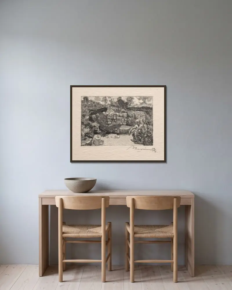 Ett stenbrott av Auguste Louis Lepère inramad på en vägg