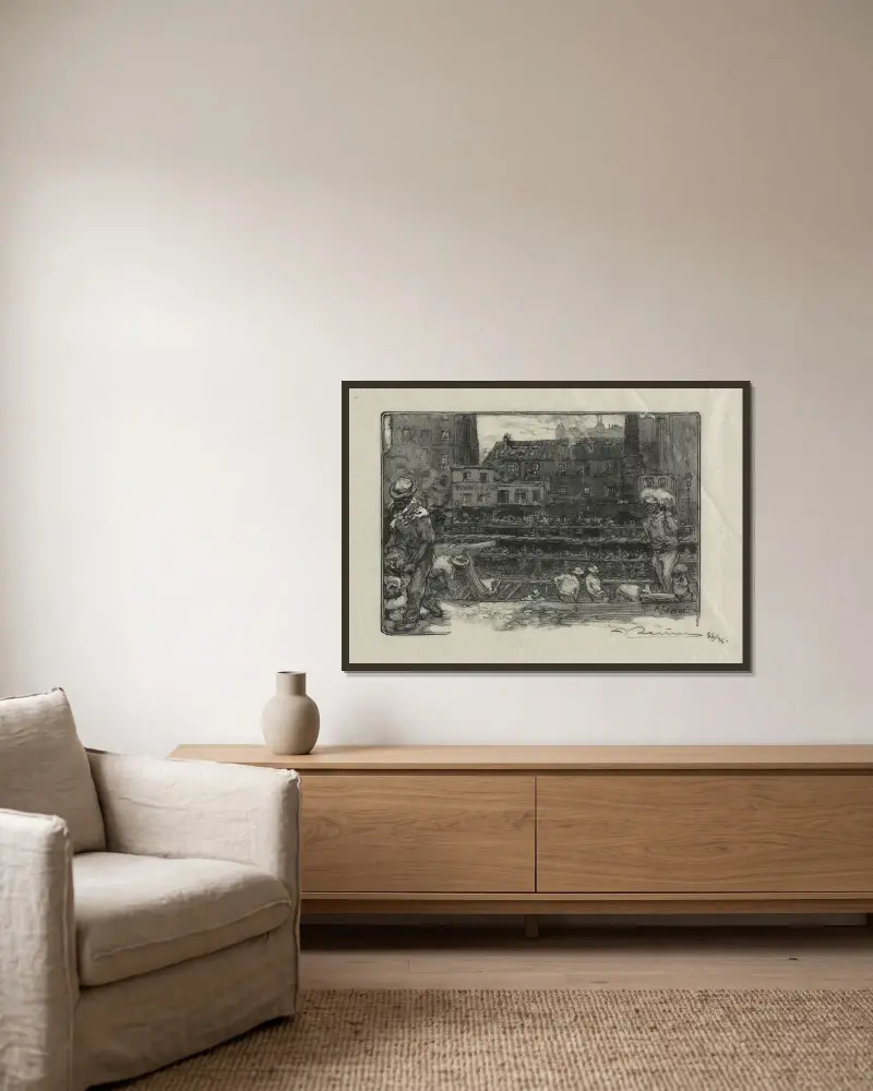 Lossare av gips (Canal St. Martin) av Auguste Louis Lepère inramad på en vägg