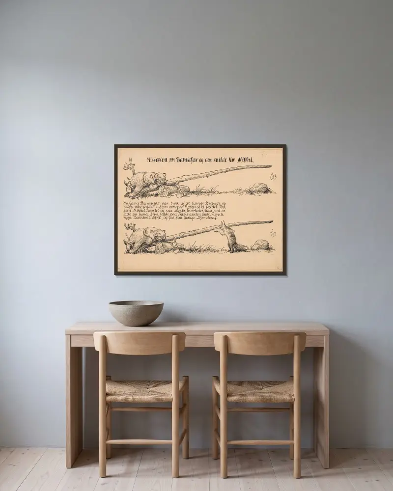 Bamsefar og Mikkel Ræv Pl.02 von Louis Moe gerahmt an einer Wand