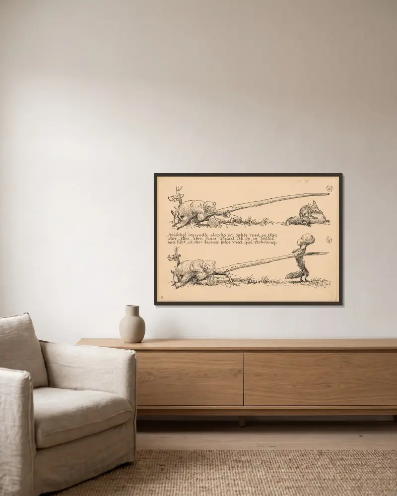 Bamsefar og Mikkel Ræv Pl.03 av Louis Moe inramad på en vägg