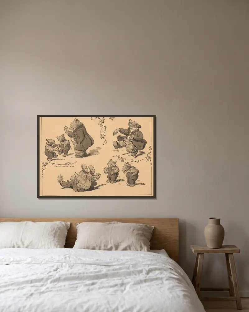 Bears depicted as humans. av Louis Moe inramad på en vägg