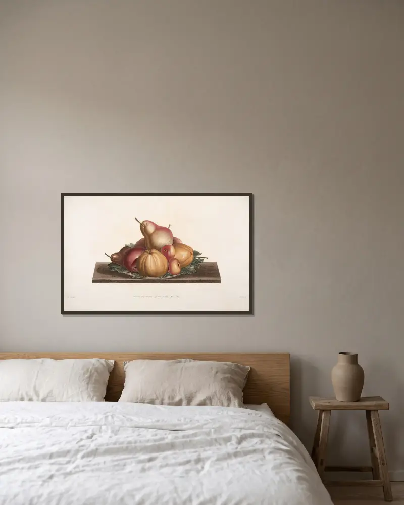 Tallrik med Bon – Chrétien, Calville blanc, Pomme-rose, Api och Coing av Jean Louis Prévost inramad på en vägg