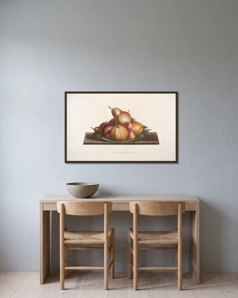 Tallrik med Bon – Chrétien, Calville blanc, Pomme-rose, Api och Coing av Jean Louis Prévost inramad på en vägg