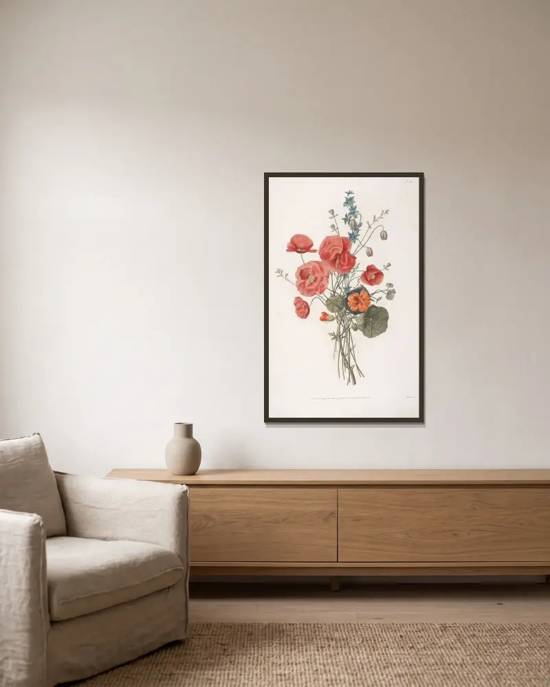 Bukett med vallmo, kapucinblomma och akleja av Jean Louis Prévost inramad på en vägg