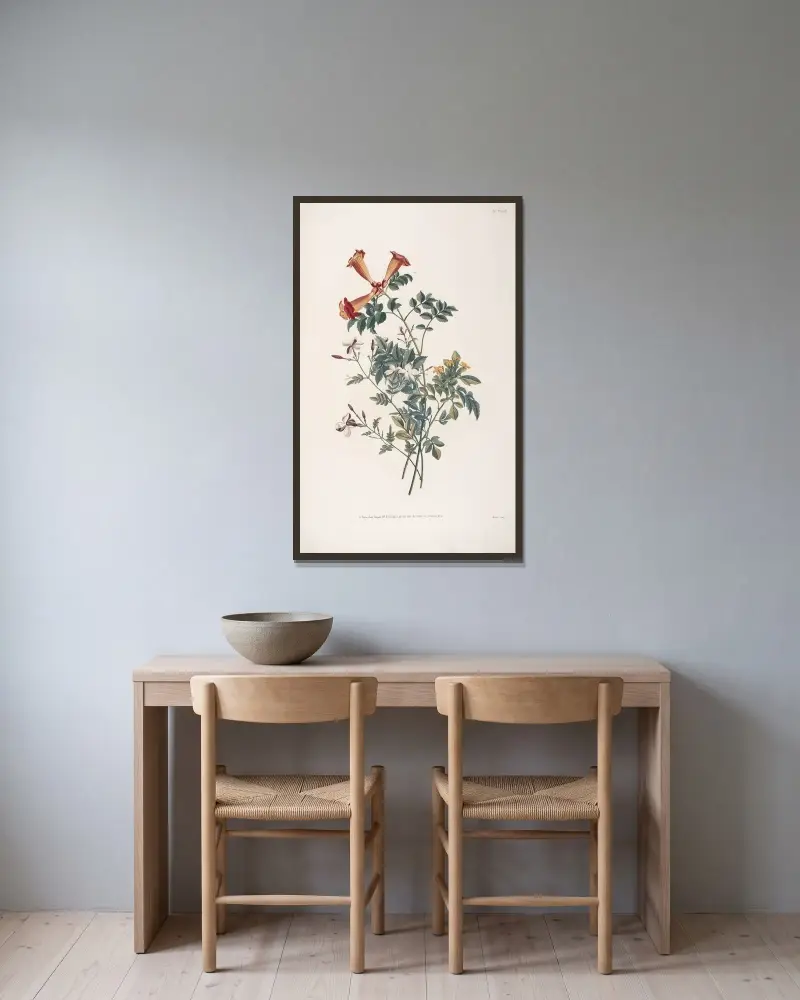 Bukett med spansk jasmin, gullregn och tékorna (jasmin från Virginia) av Jean Louis Prévost inramad på en vägg