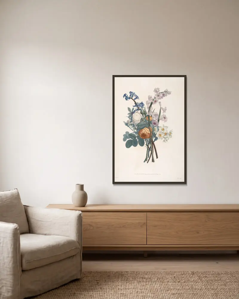 Bouquet de Roses jaunes, blanches, Jacintes et Narcisses av Jean Louis Prévost inramad på en vägg