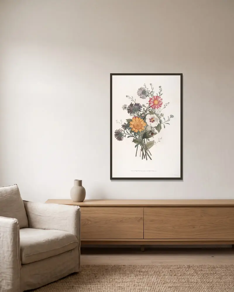Bouquet aus blühender Sonnenblume, Garten-Margeriten und Hibiskus von Jean Louis Prévost gerahmt an einer Wand