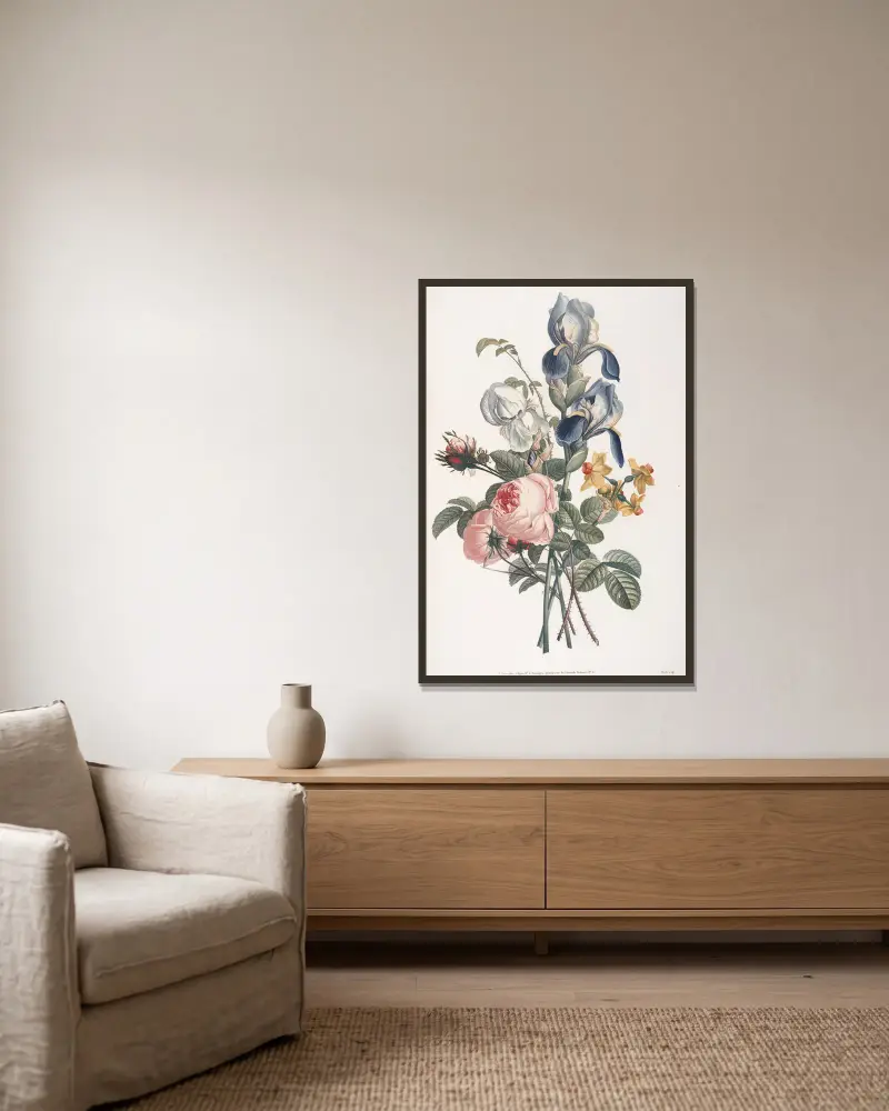 Bouquet d’Iris, Rose, et Narcisse av Jean Louis Prévost inramad på en vägg
