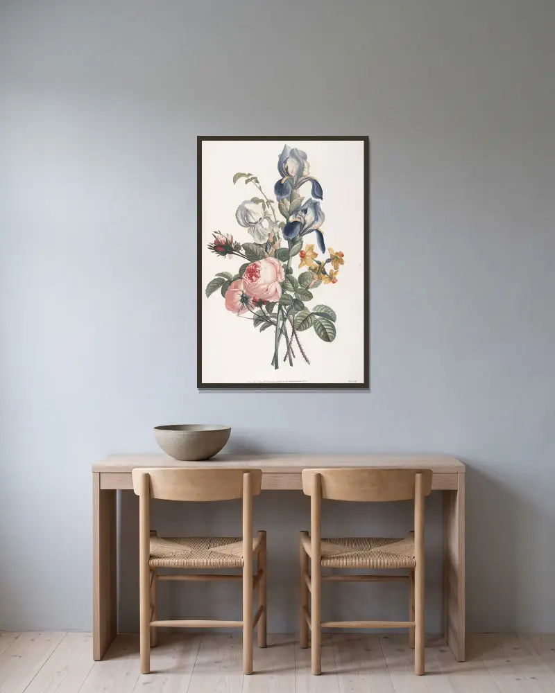 Bouquet d’Iris, Rose, et Narcisse av Jean Louis Prévost inramad på en vägg
