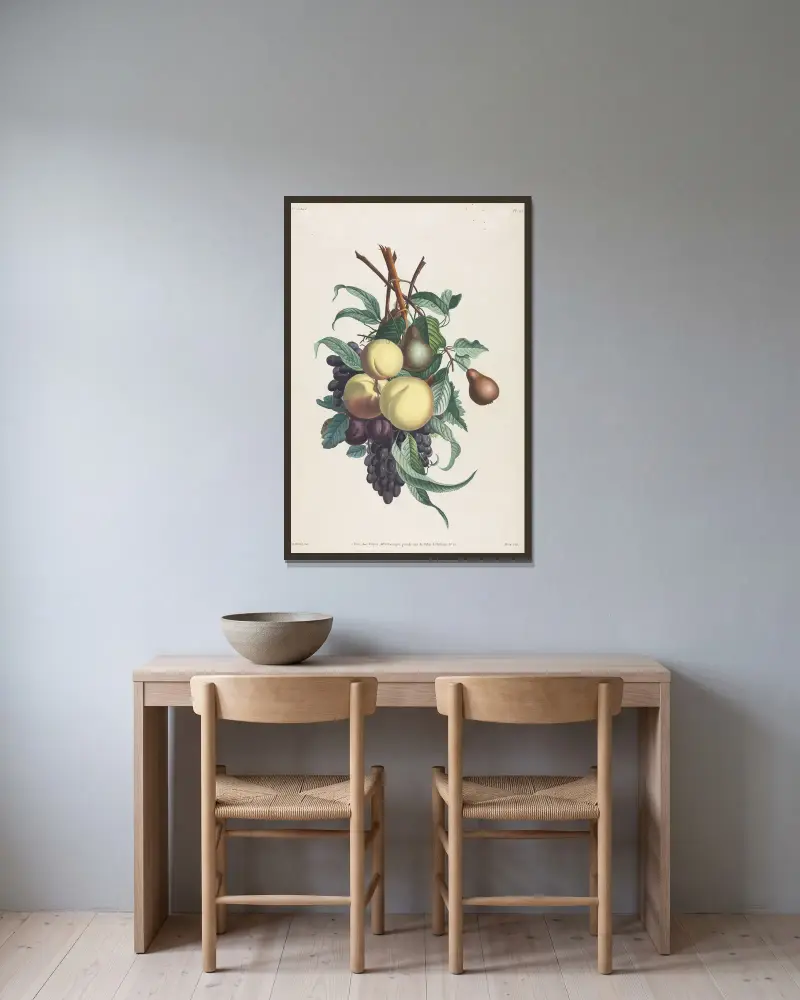 Branches de rousselet, pêche, prune et raisin av Jean Louis Prévost inramad på en vägg