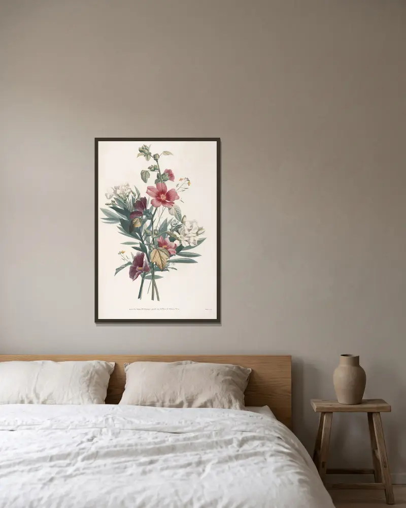Etude de Lavatéra, Laurose blanc et Roquette av Jean Louis Prévost inramad på en vägg