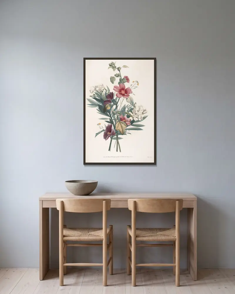 Etude de Lavatéra, Laurose blanc et Roquette av Jean Louis Prévost inramad på en vägg