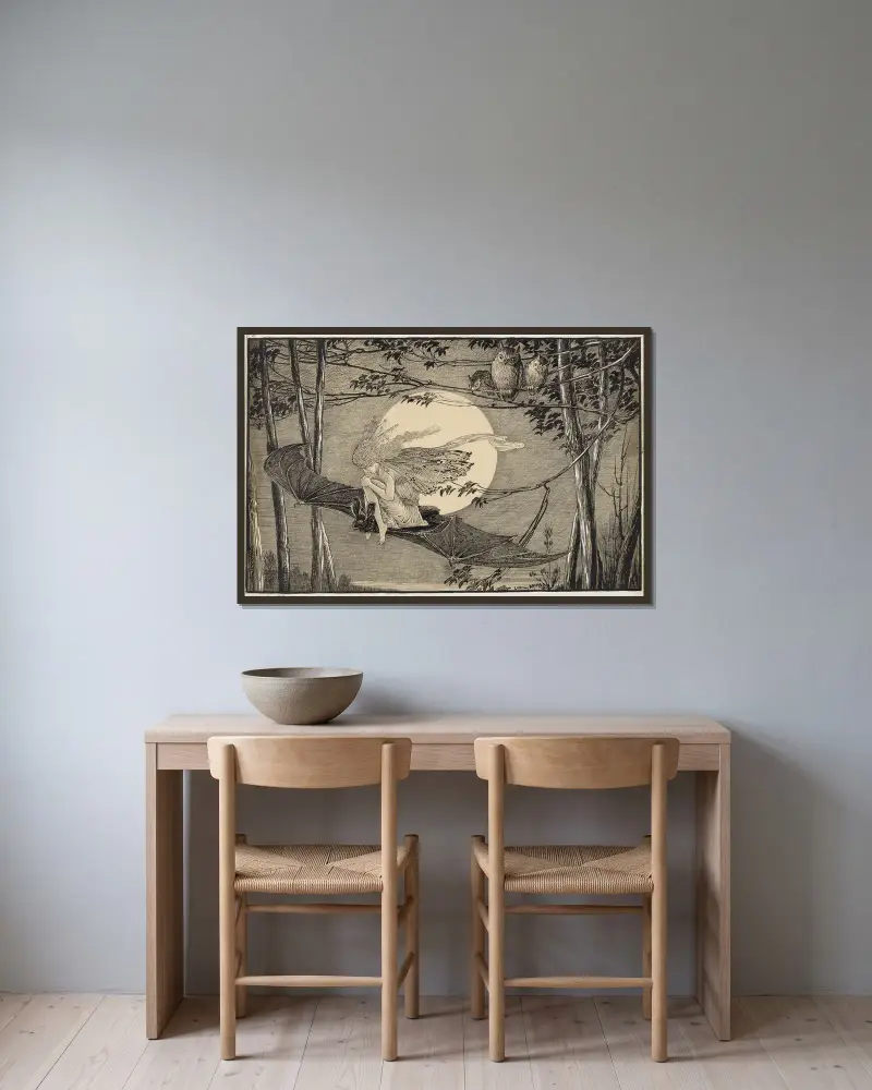 Ariel – auf dem Rücken einer Fledermaus fliege ich, dort ruhe ich, wenn Eulen schreien von Louis Rhead gerahmt an einer Wand