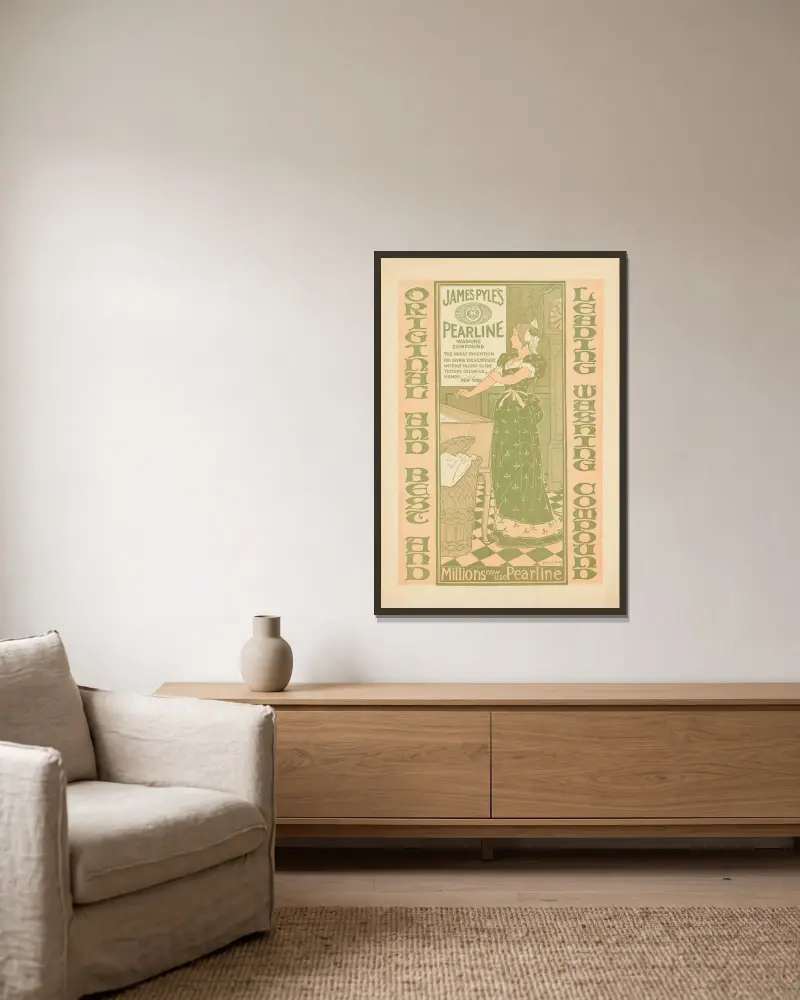 James Pyle’s Pearline Washing Compound von Louis Rhead gerahmt an einer Wand