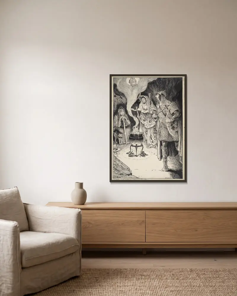 Macbeth, Akt IV, Szene I von Louis Rhead gerahmt an einer Wand