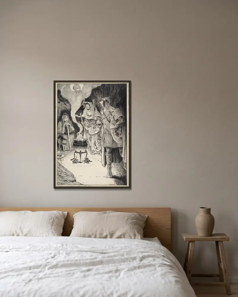 Macbeth, Akt IV, Szene I von Louis Rhead gerahmt an einer Wand