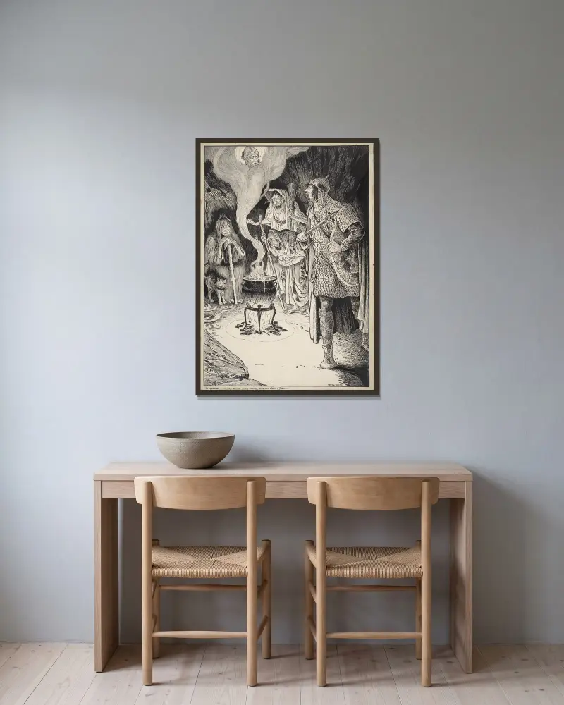 Macbeth, Akt IV, Szene I von Louis Rhead gerahmt an einer Wand