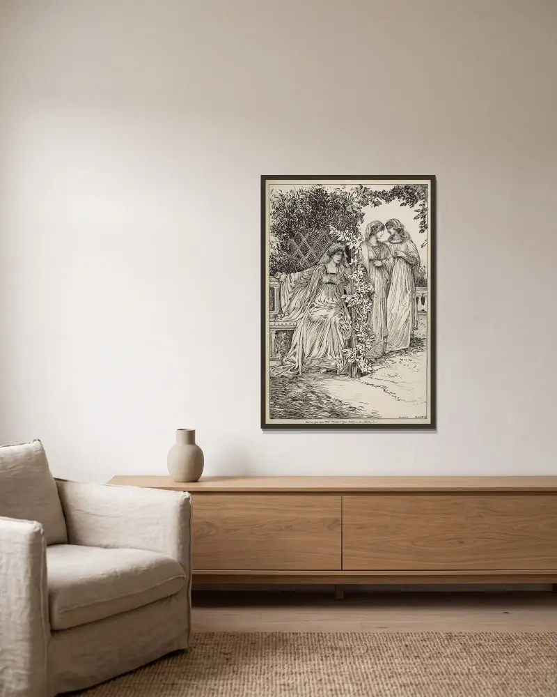 Viel Lärm um nichts. Aber bist du sicher, dass Benedict Beatrice so sehr liebt? von Louis Rhead gerahmt an einer Wand
