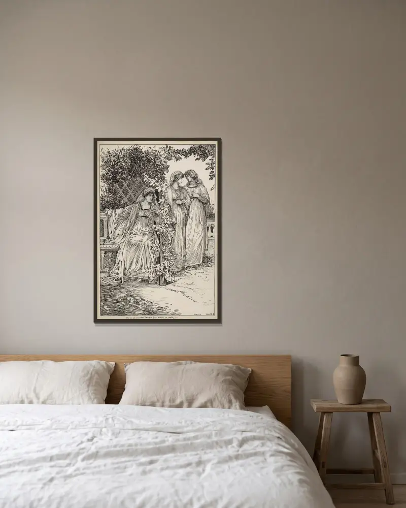 Viel Lärm um nichts. Aber bist du sicher, dass Benedict Beatrice so sehr liebt? von Louis Rhead gerahmt an einer Wand