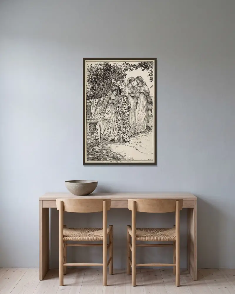 Viel Lärm um nichts. Aber bist du sicher, dass Benedict Beatrice so sehr liebt? von Louis Rhead gerahmt an einer Wand