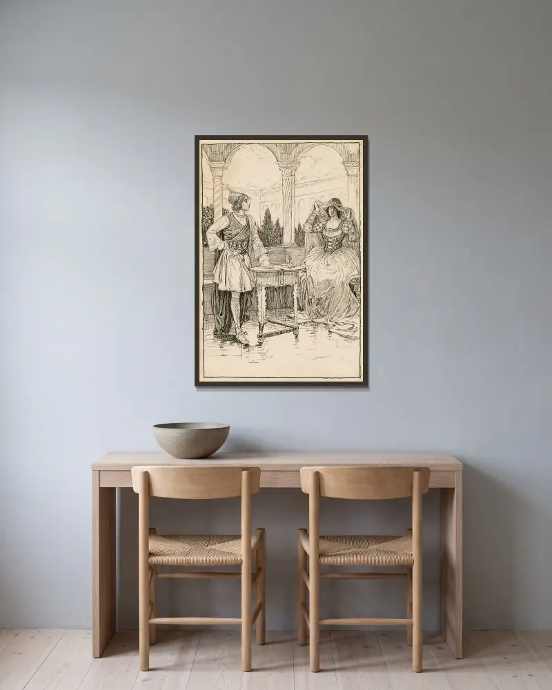 Olivia – Ich ziehe den Vorhang zurück und zeige euch das Bild von Louis Rhead gerahmt an einer Wand