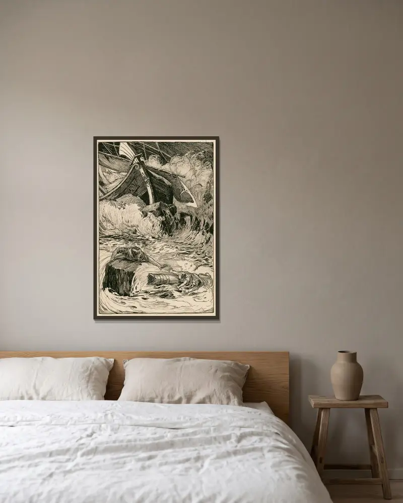 Komödie der Irrungen. Das Schiff zerschellt an einem gewaltigen Felsen von Louis Rhead gerahmt an einer Wand