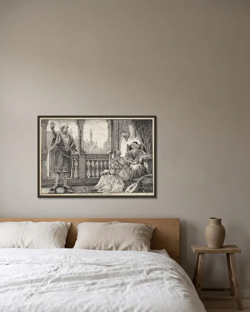 Othello, der Mohr von Venedig. Desdemona hörte ihm gerne die Geschichte seiner Abenteuer erzählen von Louis Rhead gerahmt an einer Wand
