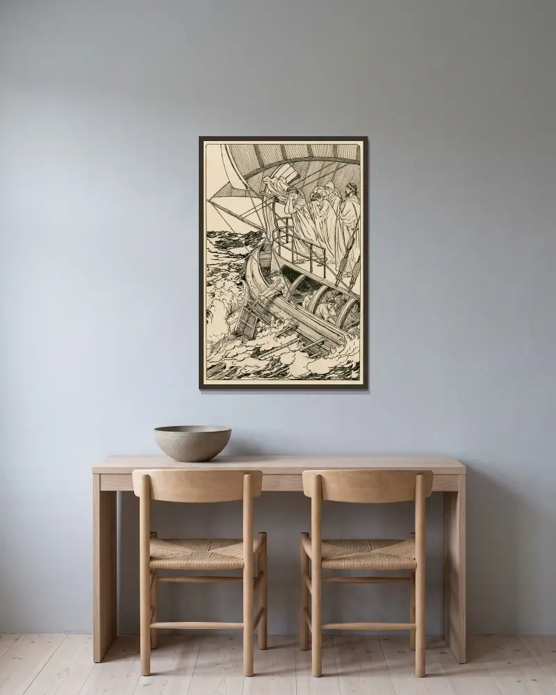 Pericles, Fürst von Tyrus. Als sie die Königin über Bord warfen von Louis Rhead gerahmt an einer Wand