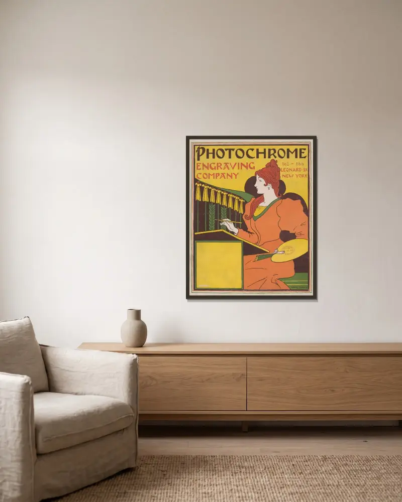 Fotochrom-Reproduktionsgesellschaft von Louis Rhead gerahmt an einer Wand
