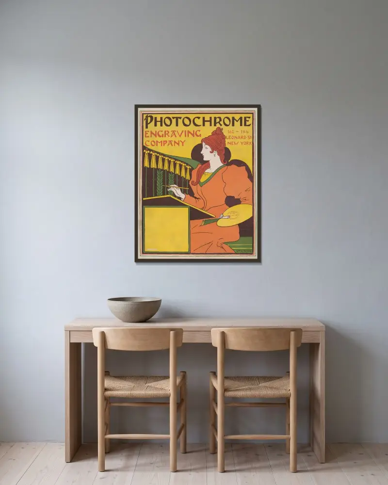 Fotochrom-Reproduktionsgesellschaft von Louis Rhead gerahmt an einer Wand