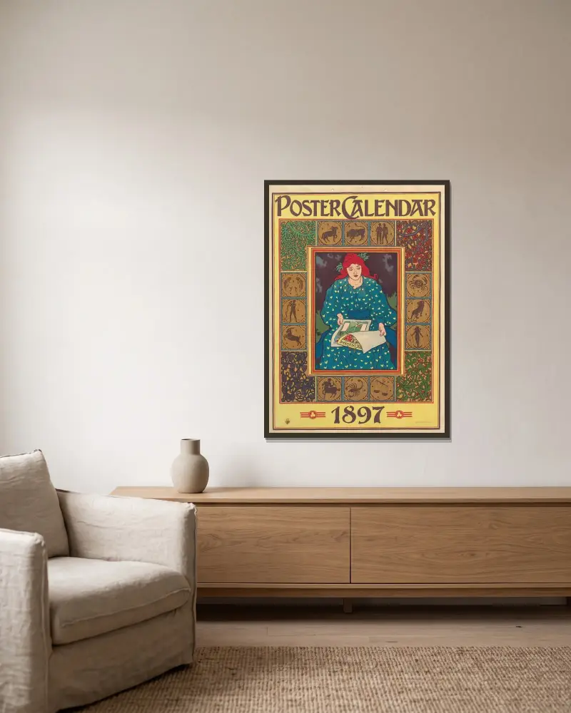 Poster Calendar, 1896 von Louis Rhead gerahmt an einer Wand